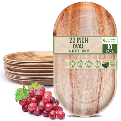 Verde Planet - Disposable Palm Leaf Plates - Stylish Substitute for Traditional Dinnerware - Ideal Serving Platter for Spring Christmas Thanksgiving Weddings Birthdays Picnics - 22" Oval, Pack of 10