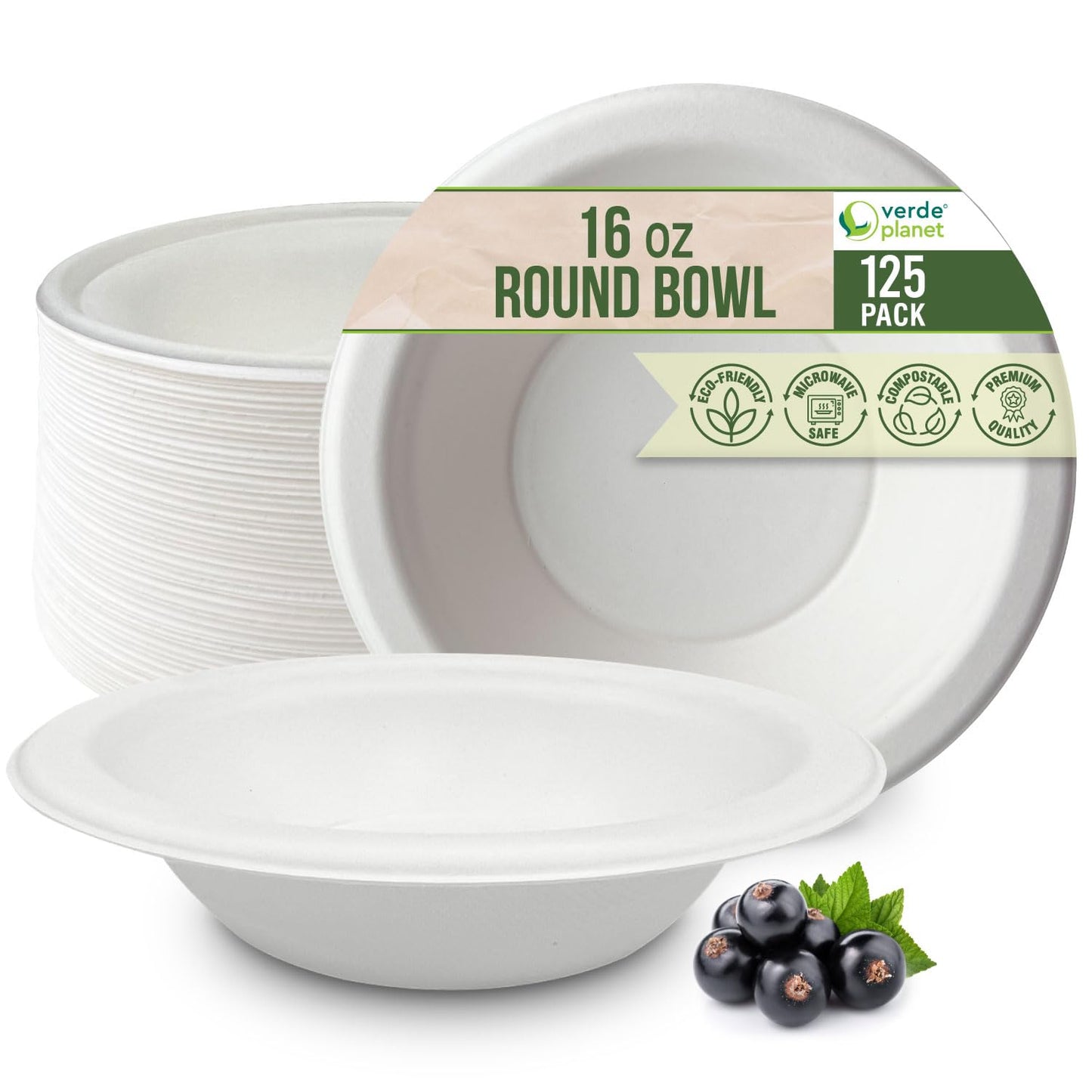 Verde Planet - Sugarcane Bagasse Bowls - Eco-Friendly & Compostable Bowls for Holidays, Christmas, Thanksgiving, Catering and Home Use - Ideal for Hot Soup & Foods, Microwave-Safe - 16 oz, Pack of 125