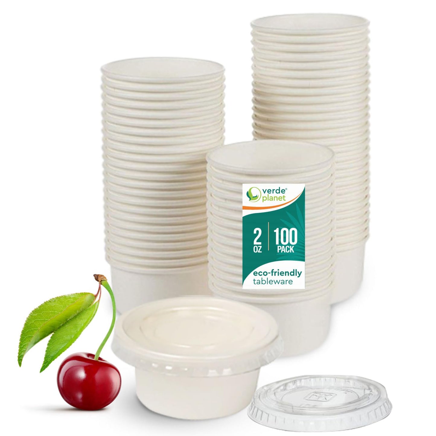 Verde Planet - 2 Oz Bagasse Cups With Lids- Biodegradable, Tree Free Sugarcane Fiber, Ecofriendly, Disposable, Sturdy, White Premium Quality Cups. Perfect for Condiments - 100 Count