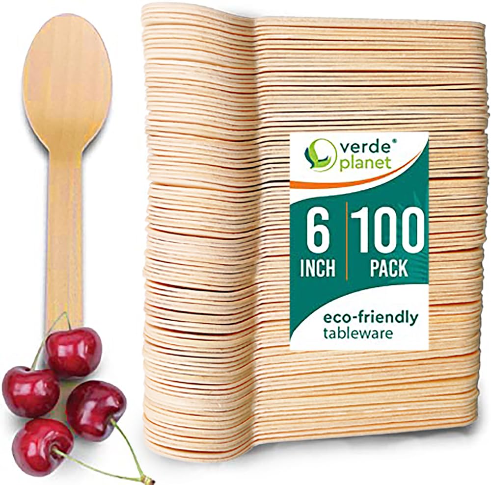 Verde Planet Heavy Duty, Disposable Wooden Spoons - All-Natural, Biodegradable, Compostable, Ecofriendly, Premium Quality Spoons - 6 Inches, 100 Count