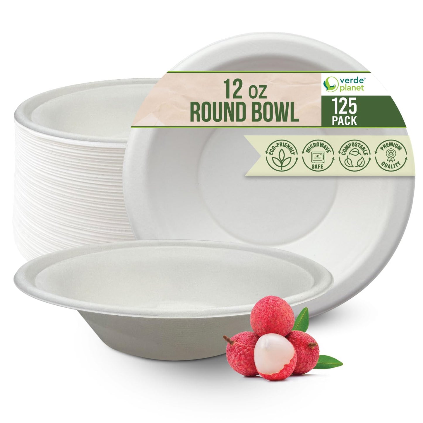 Verde Planet - Sugarcane Bagasse Bowls - Eco-Friendly & Compostable Bowls for Holidays, Christmas, Thanksgiving, Catering and Home Use - Ideal for Hot Soup & Foods, Microwave-Safe - 12 oz, Pack of 125