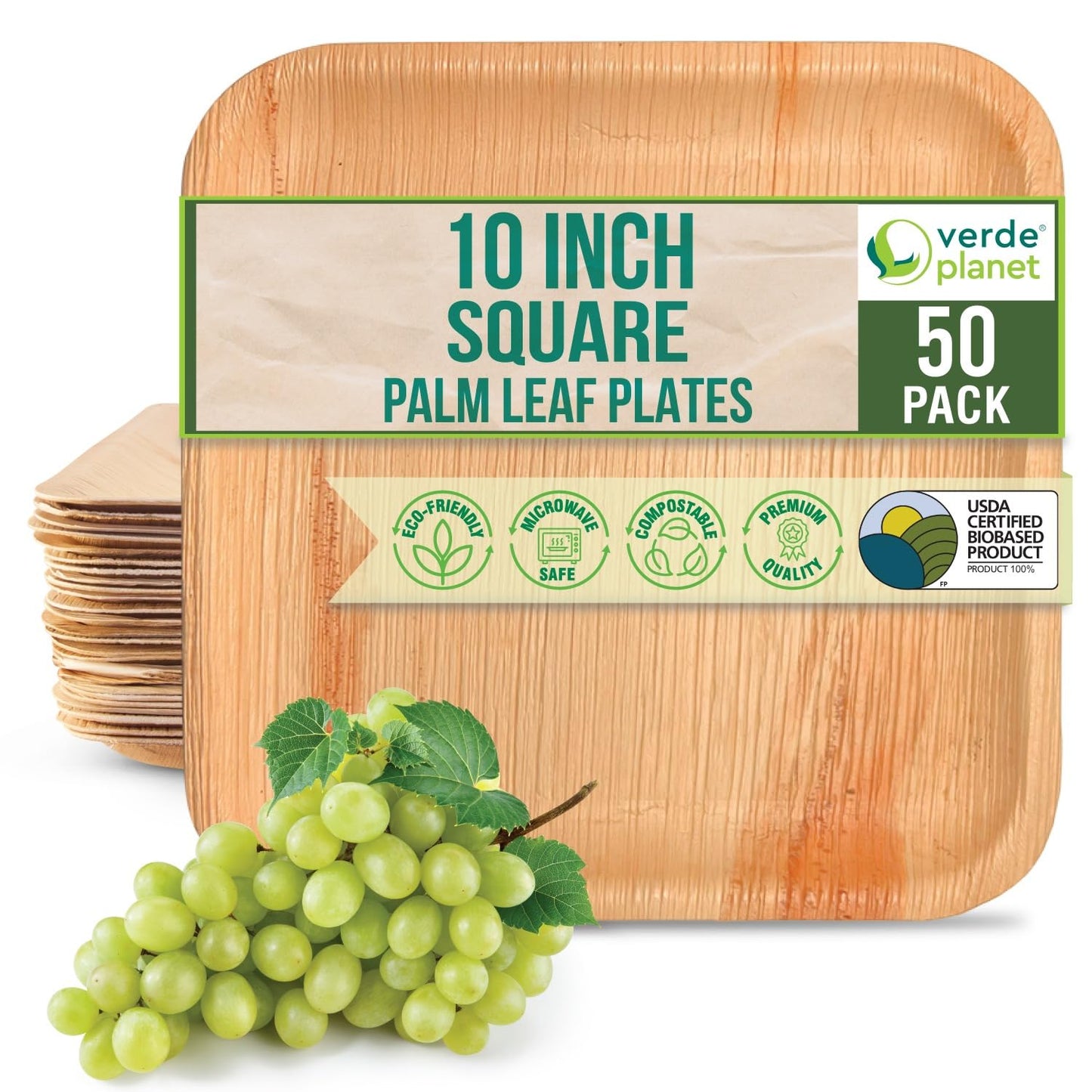 Verde Planet -  10" Square Palm Leaf Plate, USDA Certified, Compostable | Pack of 50