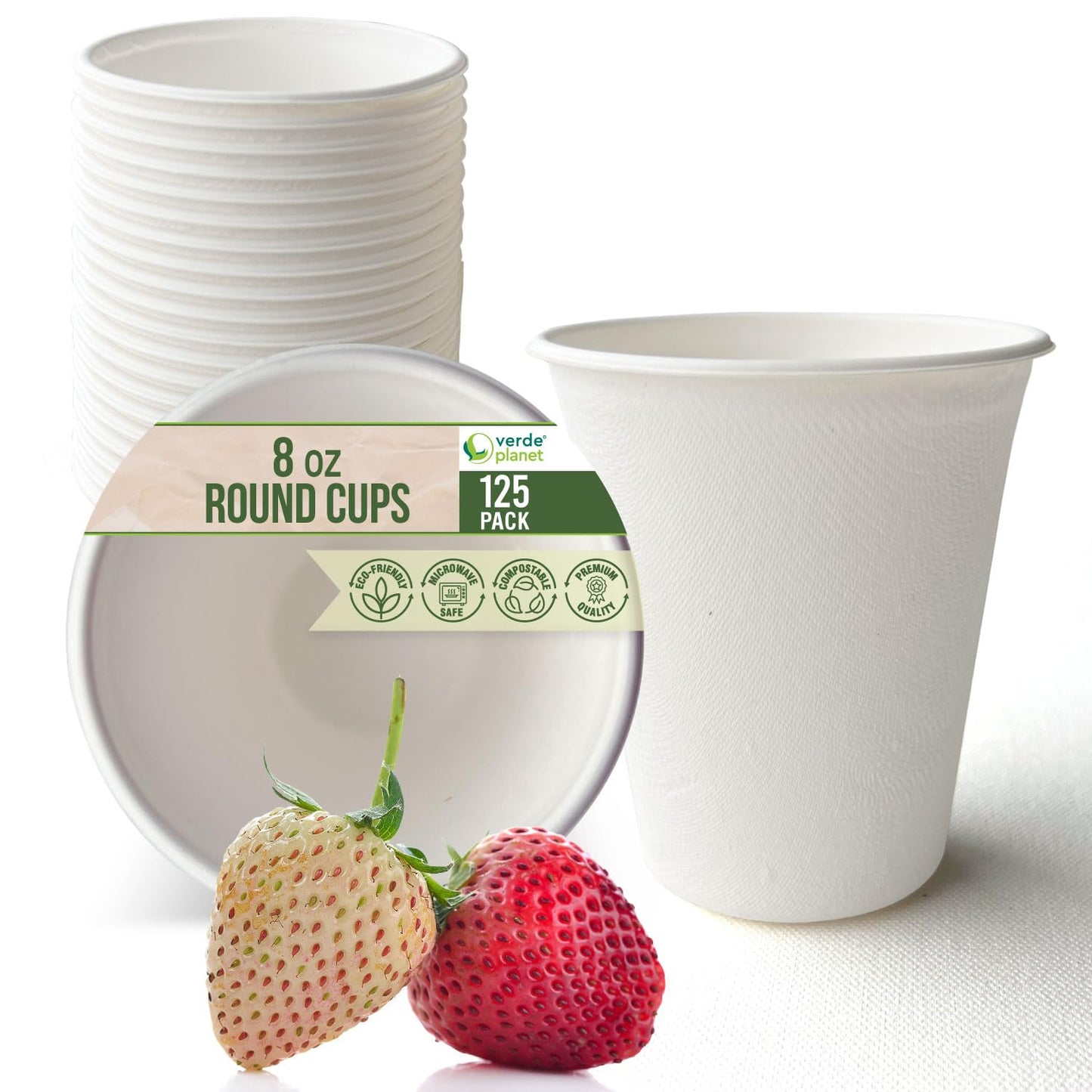 Verde Planet - 8 Oz Bagasse Disposable Cups - Tree-Free Sugarcane Fiber Drinking Cups - Ecofriendly, Sturdy, White Small Sample Cups - Compostable Coffee Cups for Hot & Cold Liquids - White, 100 Count