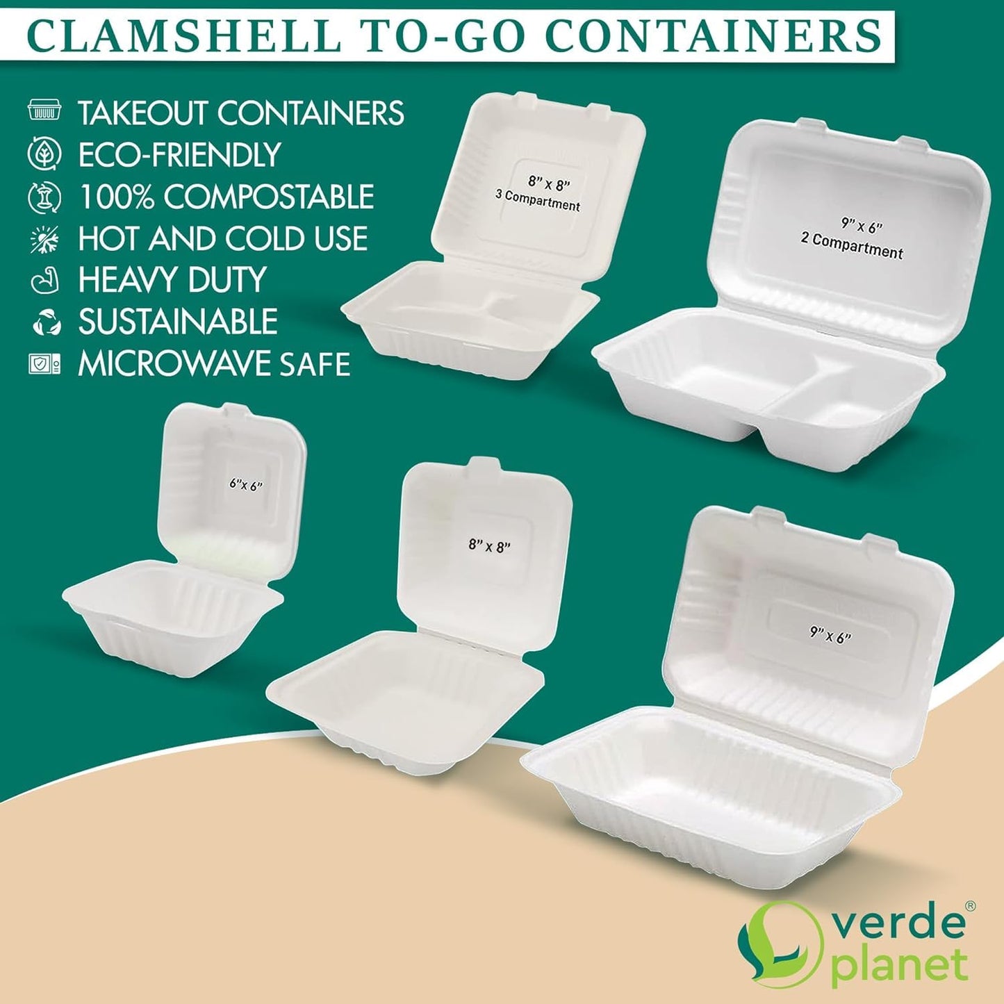 Verde Planet Clamshell Take Out Containers - 100% Natural Bagasse Sugarcane Fiber - Disposable Food Containers with Hinge Lids - Heavy-Duty To Go Boxes for Food - (10" X 10", 3-Compartment, 50-Pack)