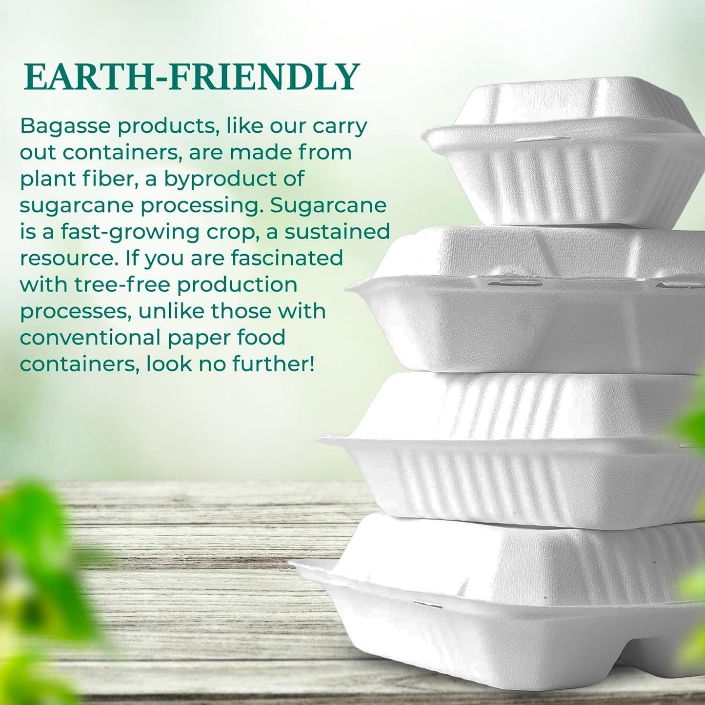 Verde Planet Clamshell Take Out Containers - 100% Natural Bagasse Sugarcane Fiber - Disposable Food Containers with Hinge Lids - Heavy-Duty To Go Boxes for Food - (10" X 10", 3-Compartment, 50-Pack)