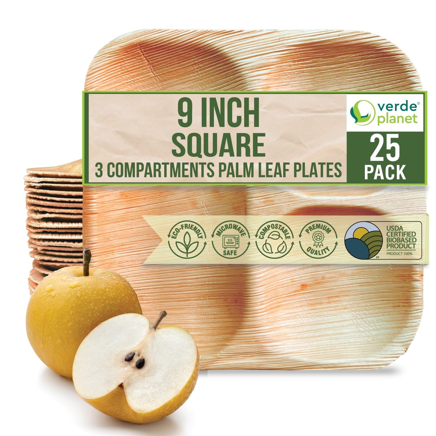 Verde Planet - 9" Square 3 Compartment Palm Leaf Plate, USDA Certified, Compostable | Pack of 25