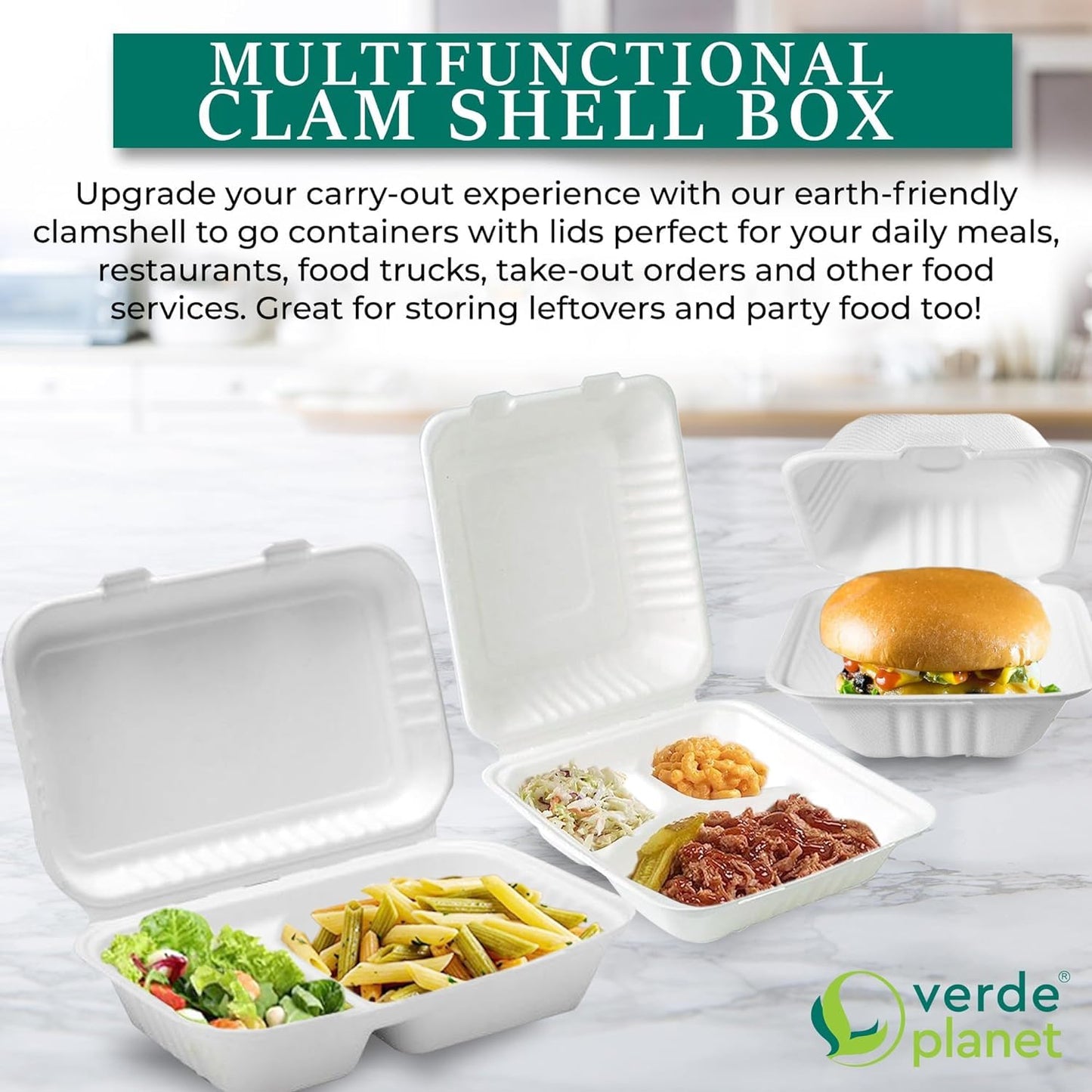 Verde Planet Clamshell Take Out Containers - 100% Natural Bagasse Sugarcane Fiber - Disposable Food Containers with Hinge Lids - Heavy-Duty To Go Boxes for Food - (10" X 10", 3-Compartment, 50-Pack)