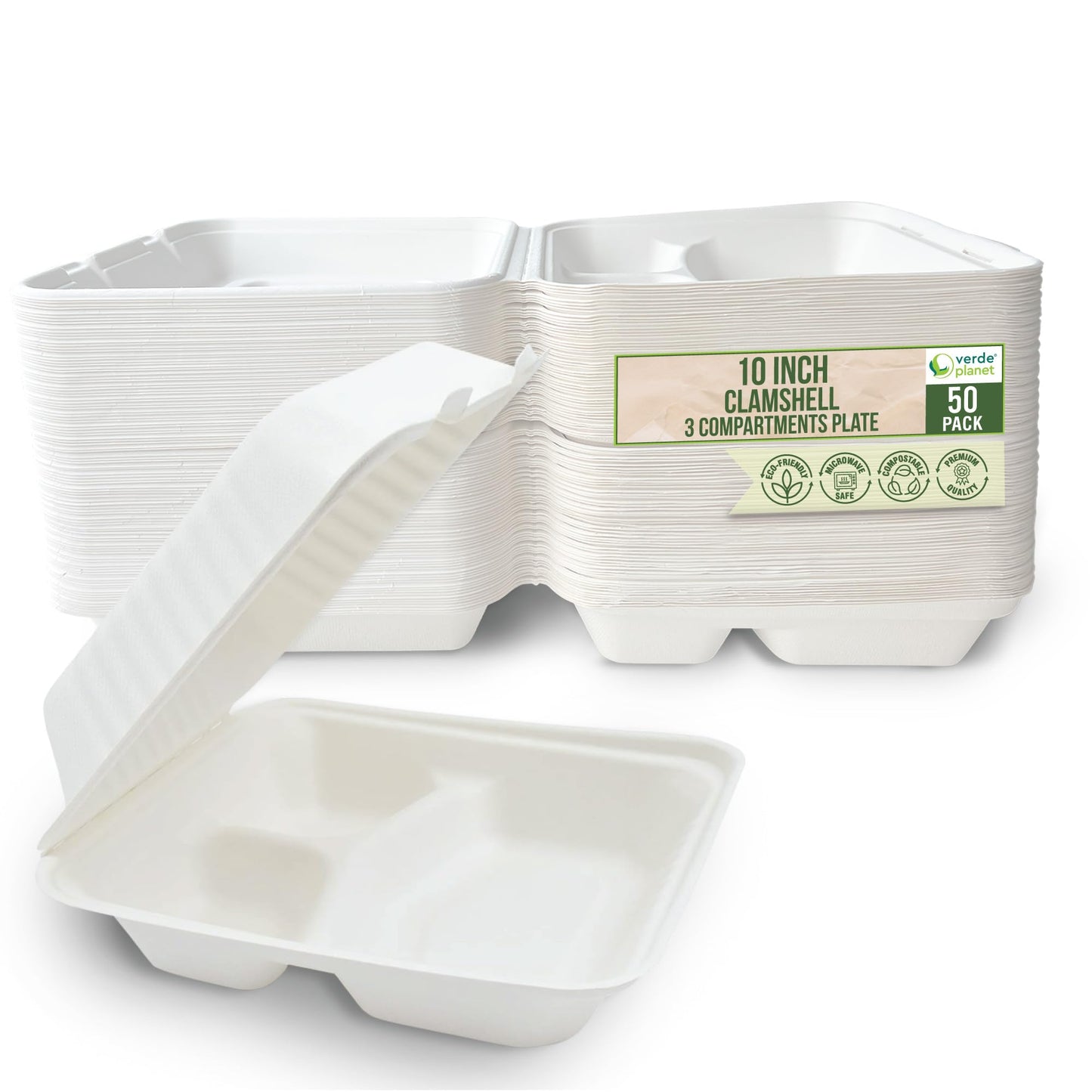 Verde Planet Clamshell Take Out Containers - 100% Natural Bagasse Sugarcane Fiber - Disposable Food Containers with Hinge Lids - Heavy-Duty To Go Boxes for Food - (10" X 10", 3-Compartment, 50-Pack)