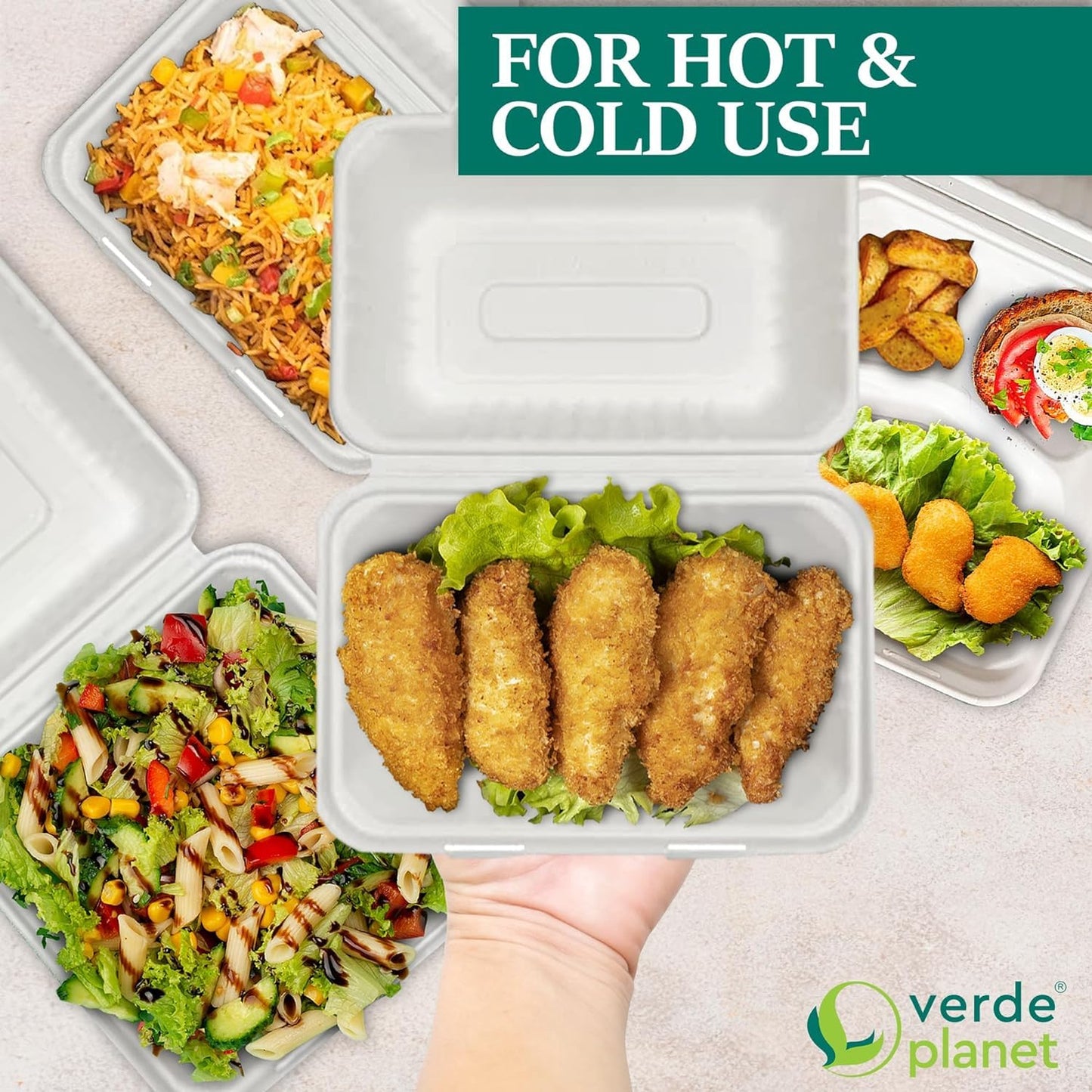 Verde Planet Clamshell Take Out Containers - 100% Natural Bagasse Sugarcane Fiber - Disposable Food Containers with Hinge Lids - Heavy-Duty To Go Boxes for Food - (10" X 10", 3-Compartment, 50-Pack)