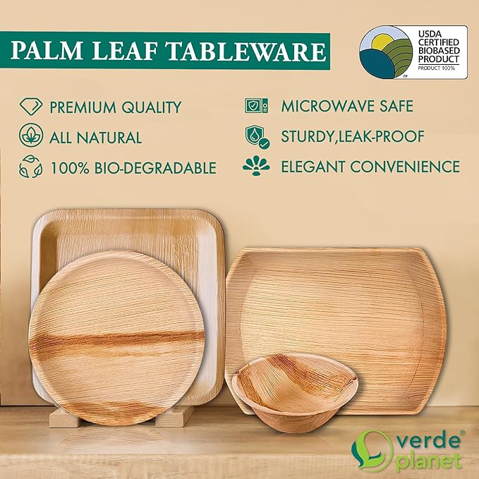 Verde Planet - 12"x10" Rect Palm Leaf Tray, USDA Certified, Compostable | Case of 100